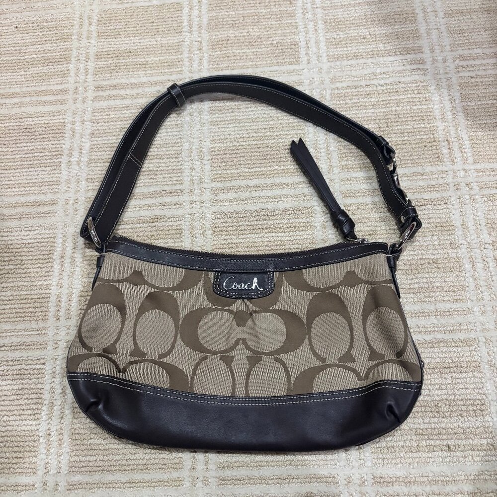 Excellent Condition - Coach Brown Signature Shoulder Bag with Leather Trim